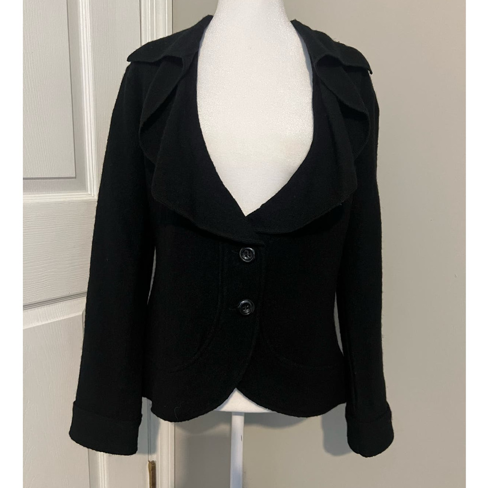 Women's ELENA‎ SOLANO Black Ruffle 2 Button Front 100% Wool Sweater Size Medium